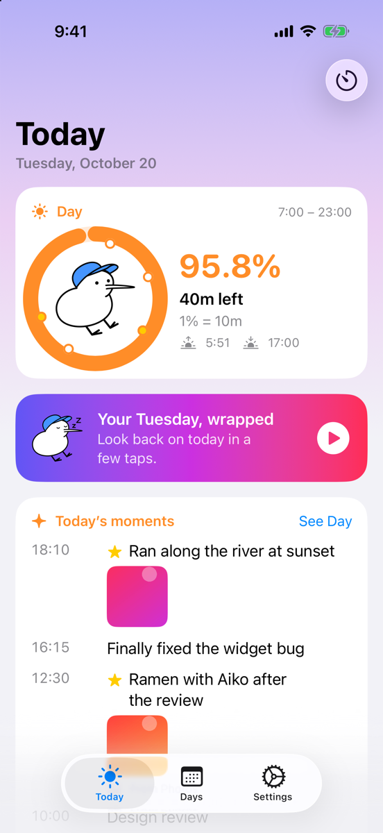 Plenty's Today screen on iPhone: a day ring with Yuzu the capybara, then cards for the week, month, quarter, year, and life